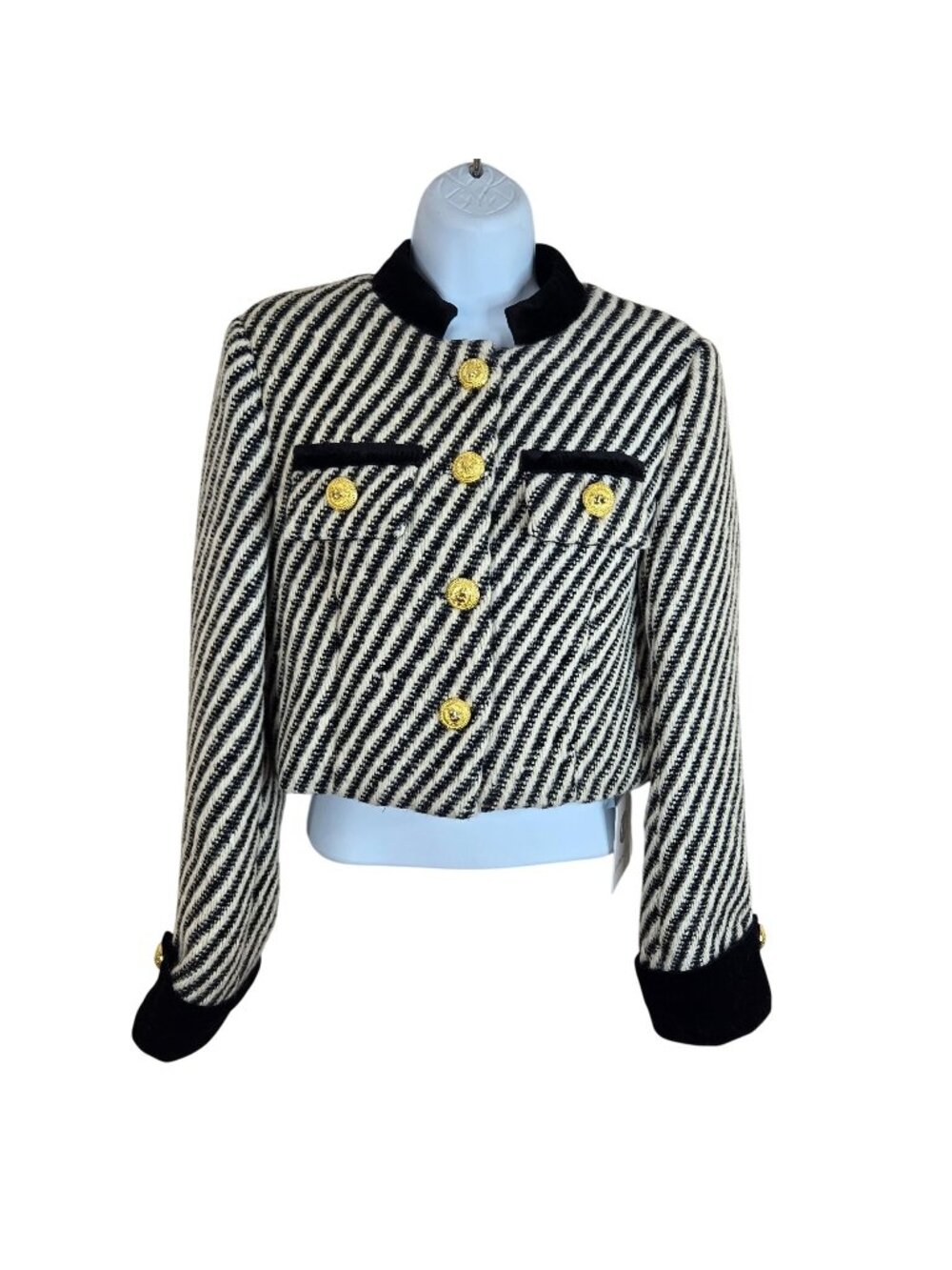 Black White Striped Cropped Jacket Gold Button Velvet Trim Womens Size S New